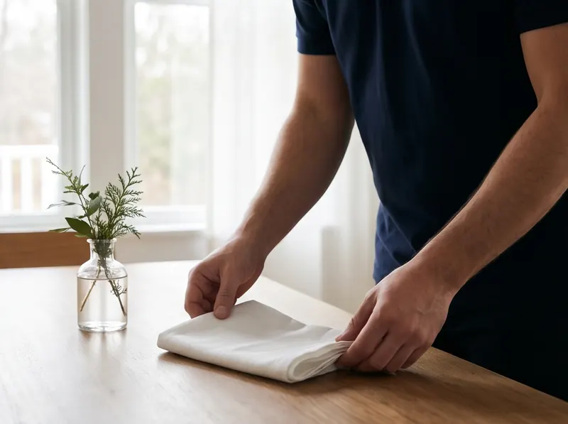 Hands making a bed in a bright guest room
