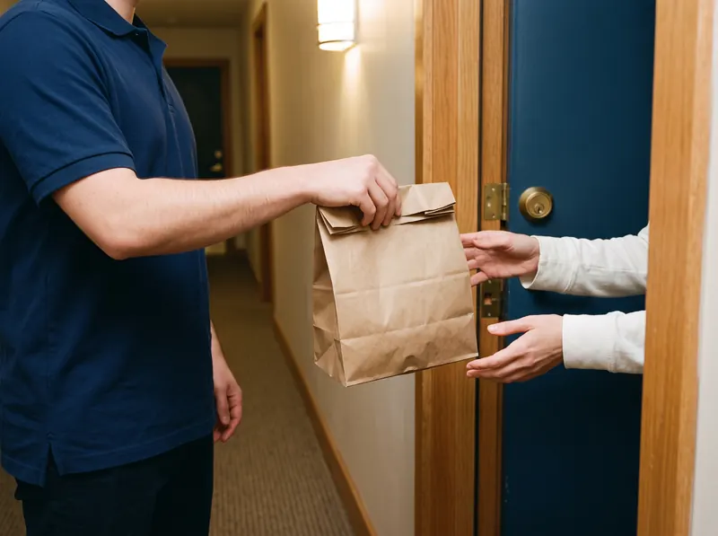 A food delivery handed over at an apartment door