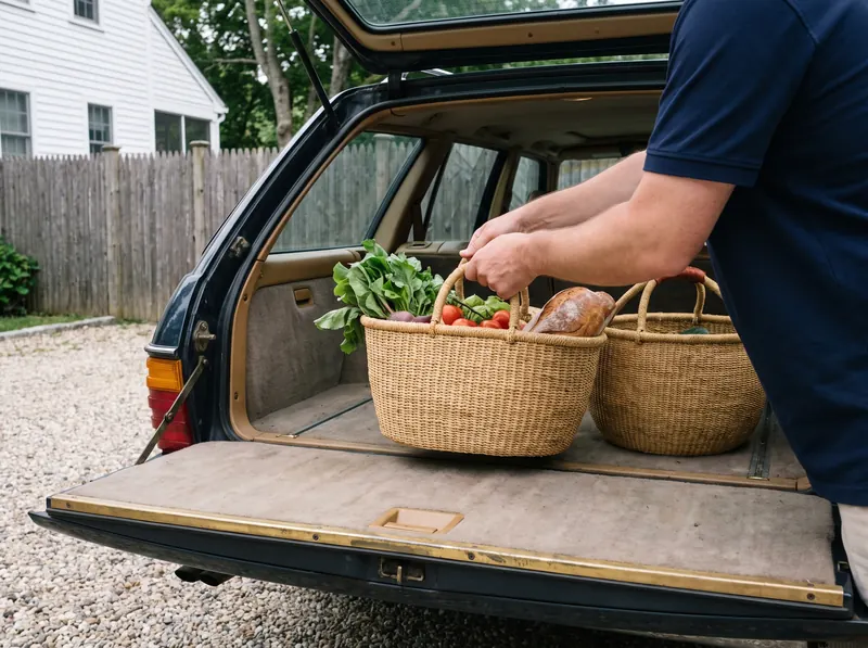 Groceries lifted out of a car trunk