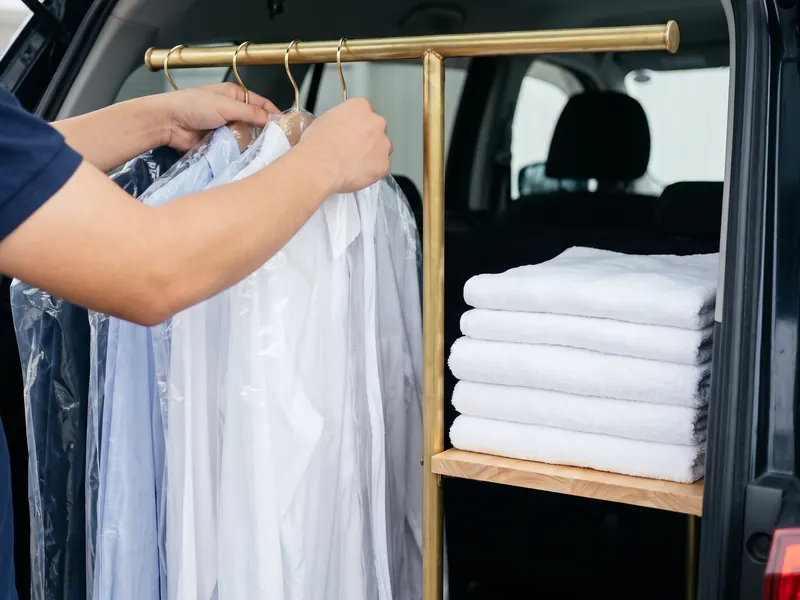 Pressed shirts and folded laundry on their way back to a customer