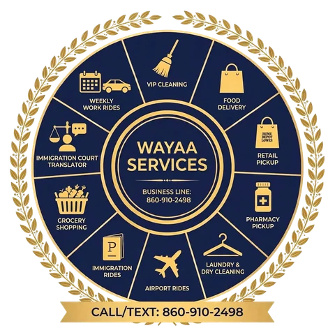 WAYAA Services logo: the service wheel with laurels, call or text 860-910-2498