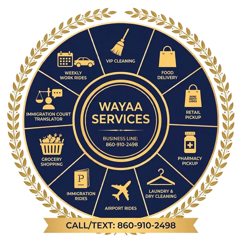 WAYAA Services logo: the service wheel with laurels, call or text 860-910-2498